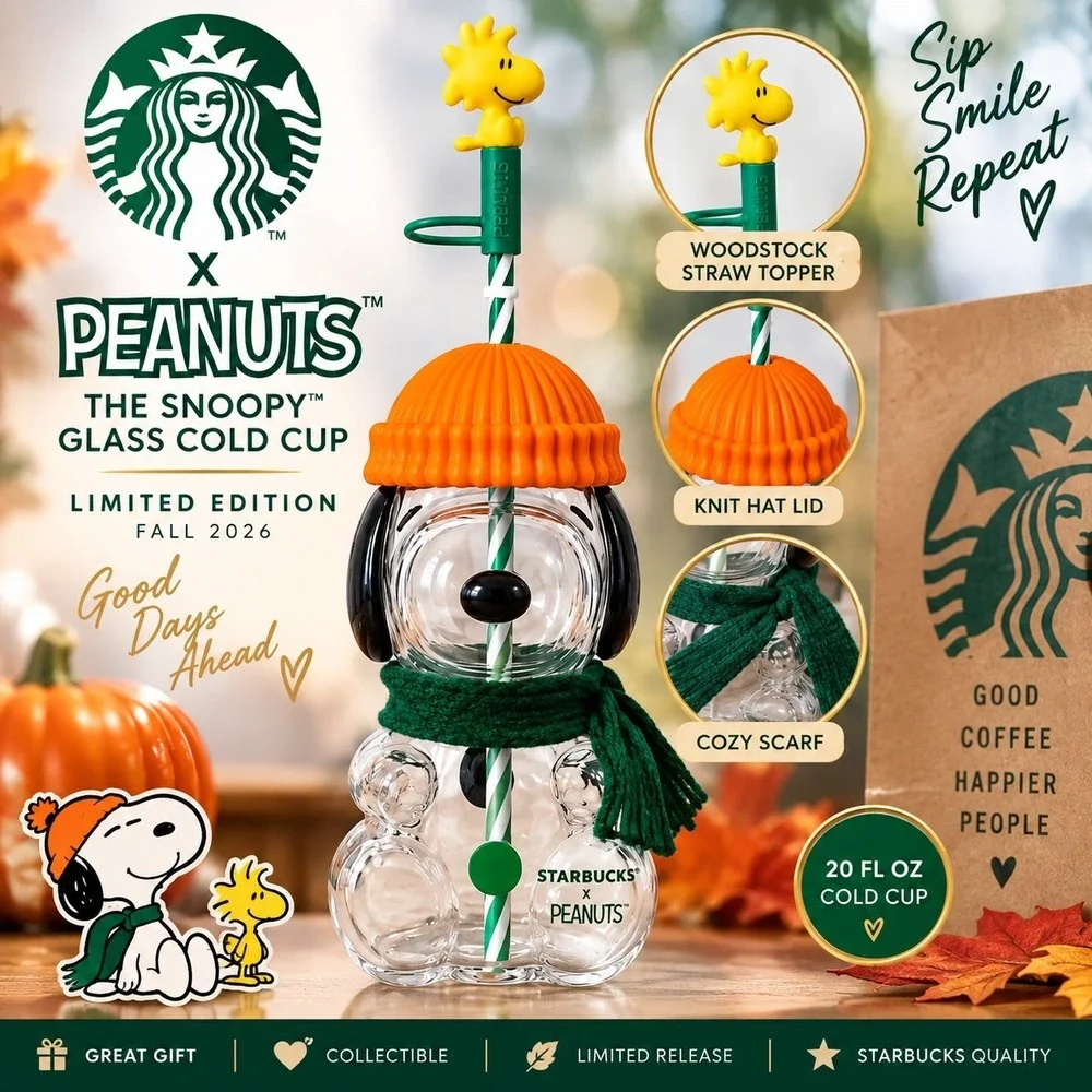 Starbucks x Peanuts Snoopy Glass Cold Cup Woodstock Topper 2026 Limited Edition